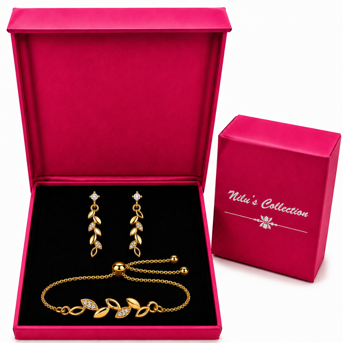 Gold Leaf Bracelet With Drop Earrings For Women