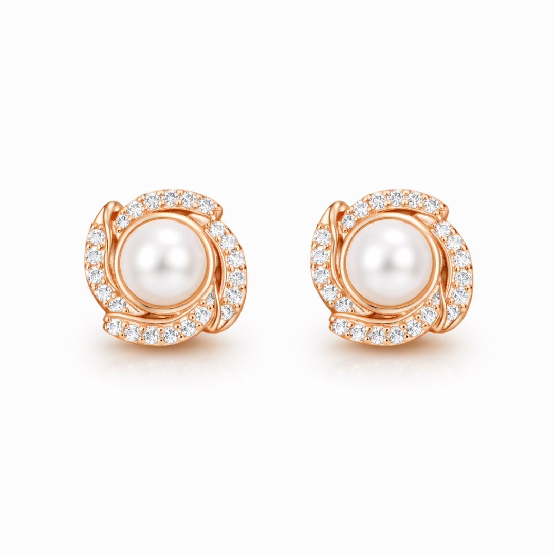 Rose Gold Pearl Stud Earrings For Women