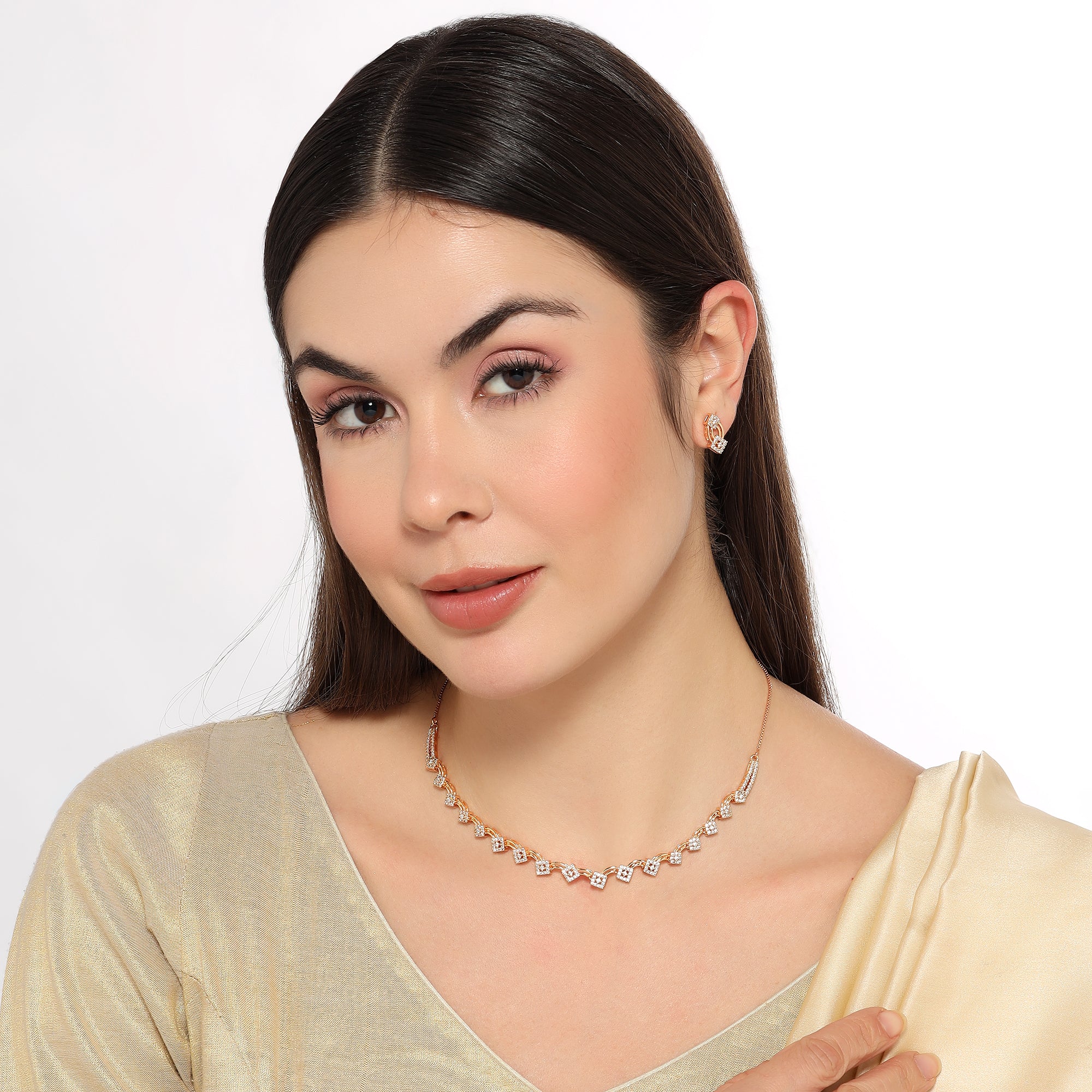 Rose Gold Square Floral Design Necklace Set