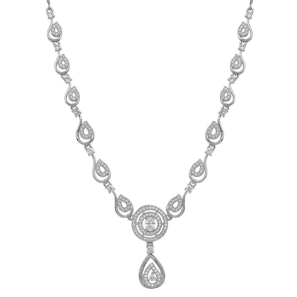 Stylish Silver Plated American Diamond Chain Pendent Necklace & Earrings Set for Women & Girls, Luxury AD Pendant Gift Set for Women, Girls