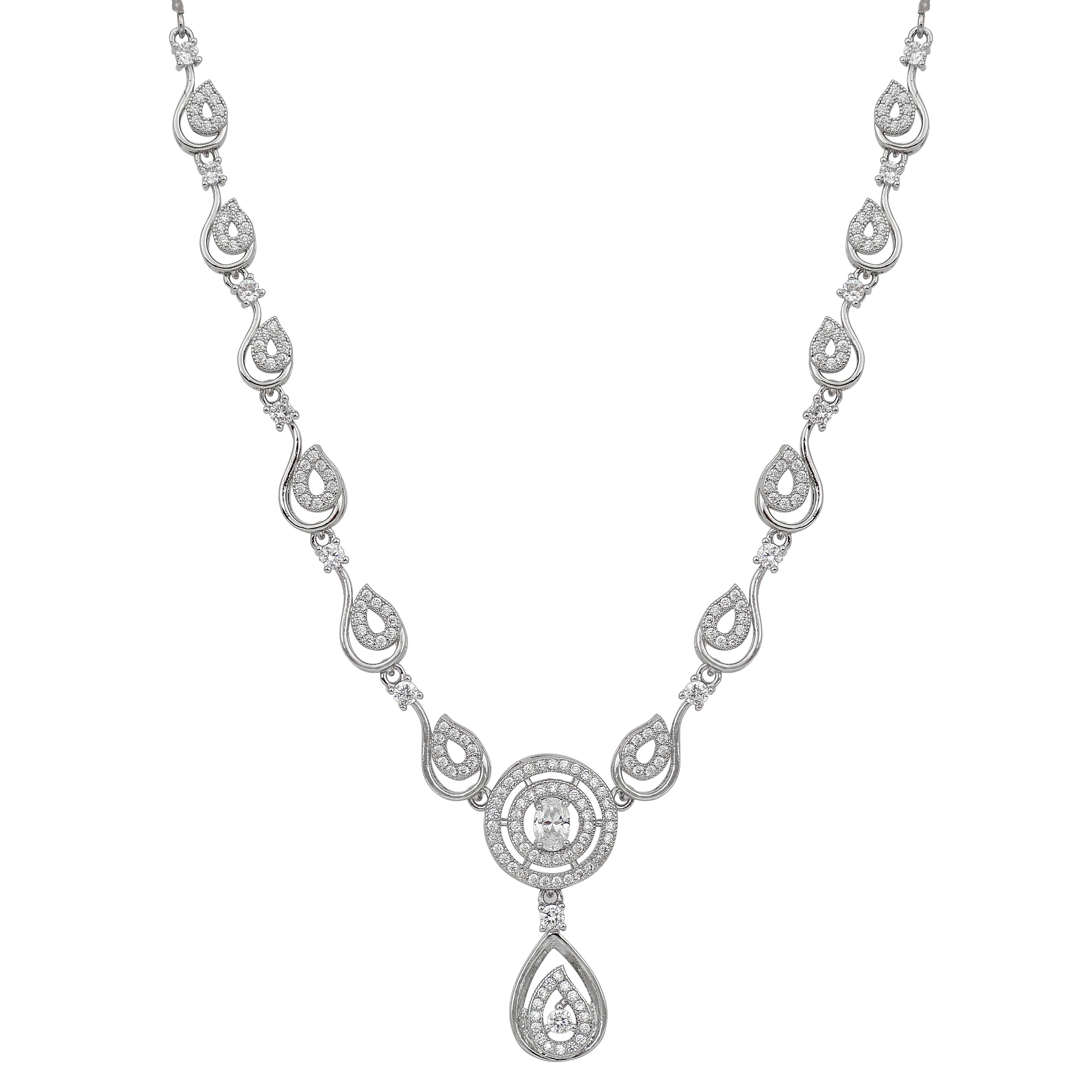 Stylish Silver Plated American Diamond Chain Pendent Necklace & Earrings Set for Women & Girls, Luxury AD Pendant Gift Set for Women, Girls