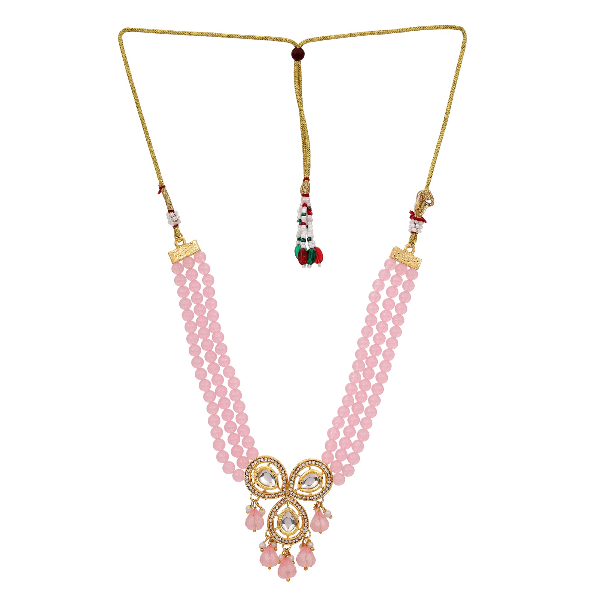 Traditional Necklace with Elegant Triple-Layer Pink Moti Pearl Beads and Decorative Pendant And Pair Of Earrings For Girls And Womens