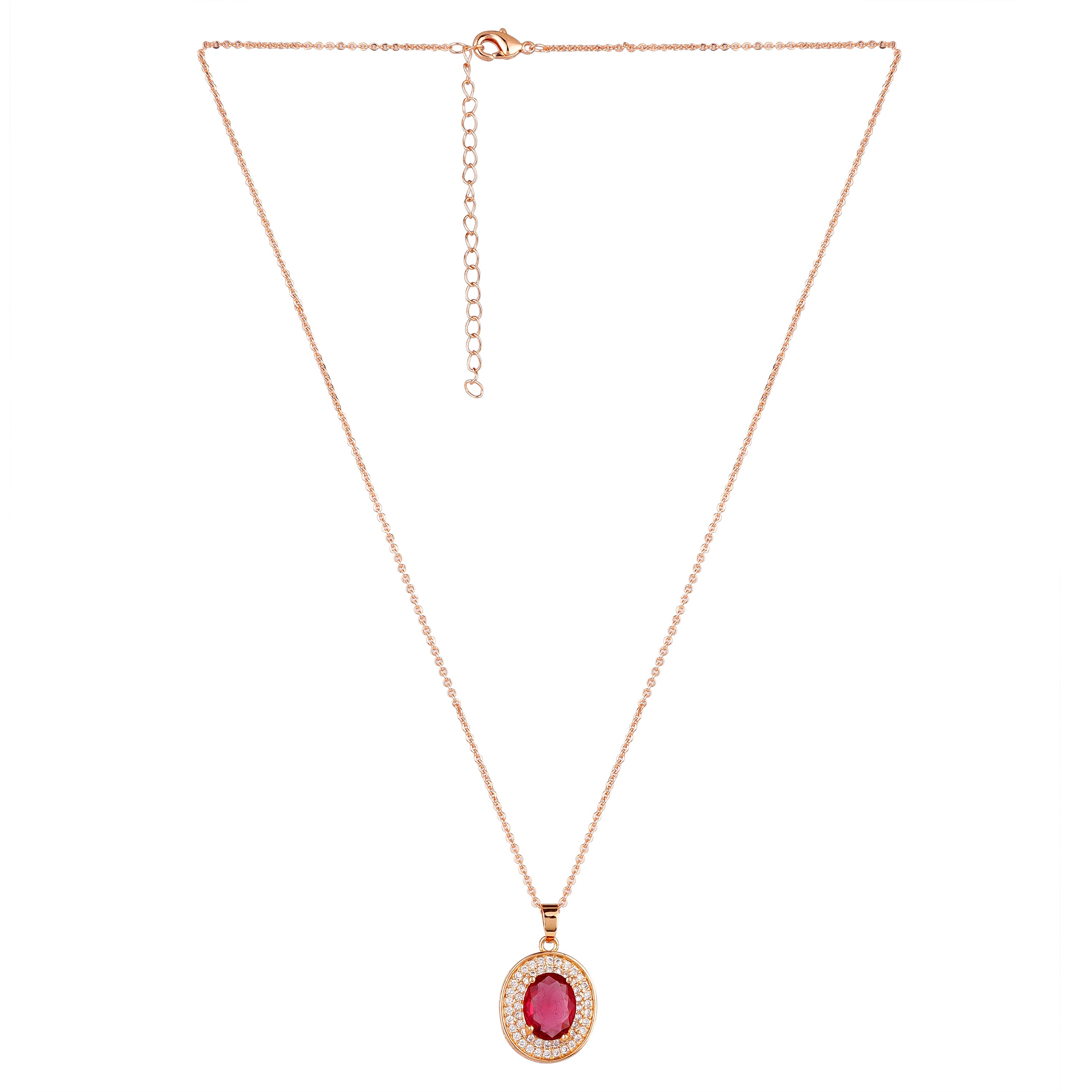 Rose Gold Plated Ruby Red Oval Pendant Necklace and Earring Set for Women and Girls