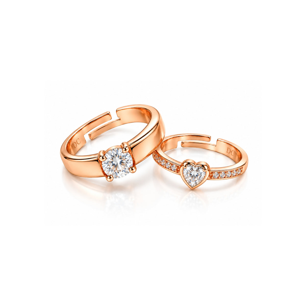 Rose Gold Couple Rings Set for Men & Women | Matching Heart & Solitaire
