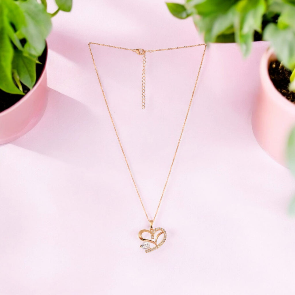 American Diamond Rose Gold Plated Love Shaped Pendant Necklace Set with Chain & Stud Earring for Girls and Women
