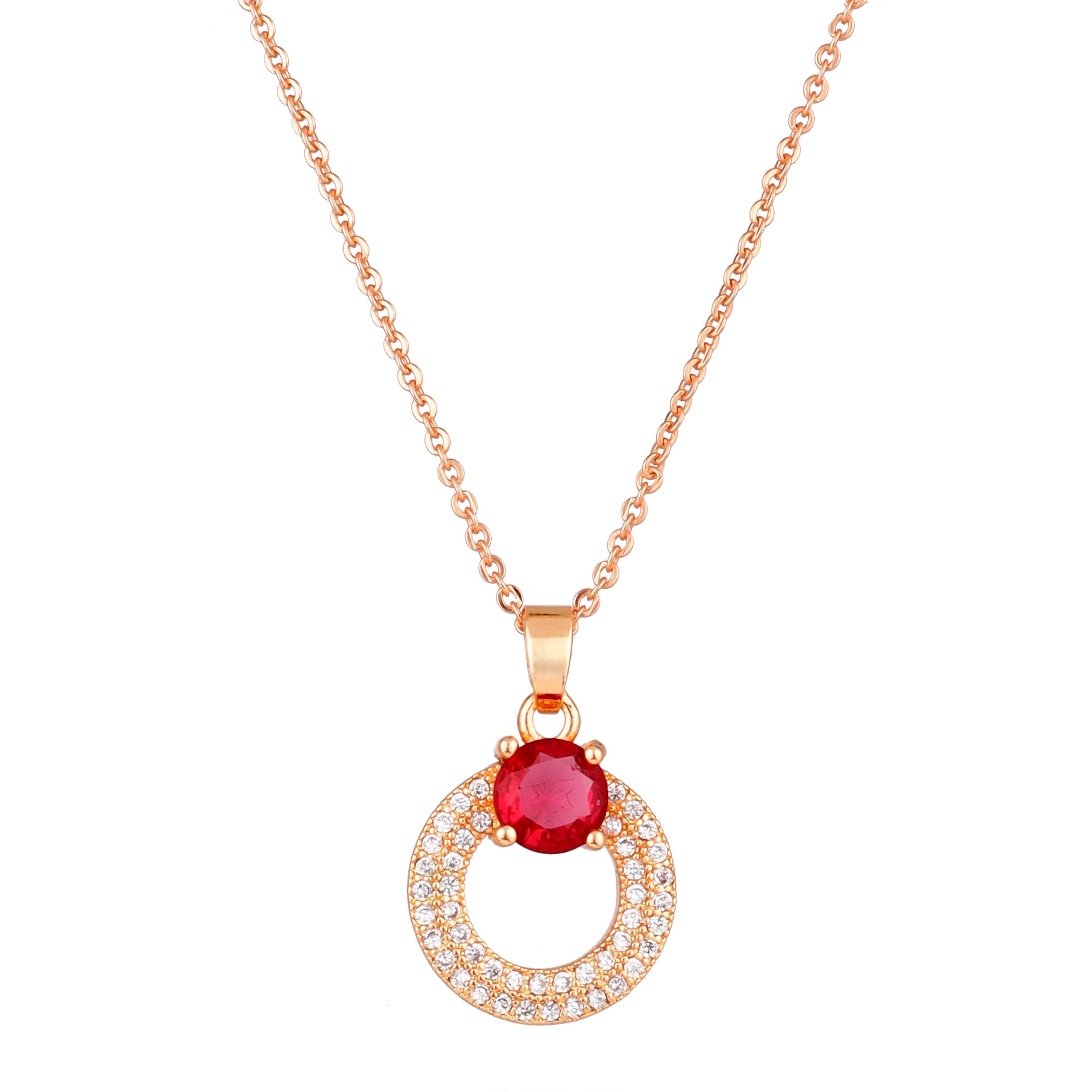 Rose Gold Plated Red Ruby Stone Pendant Necklace and Earring Set for Women and Girls