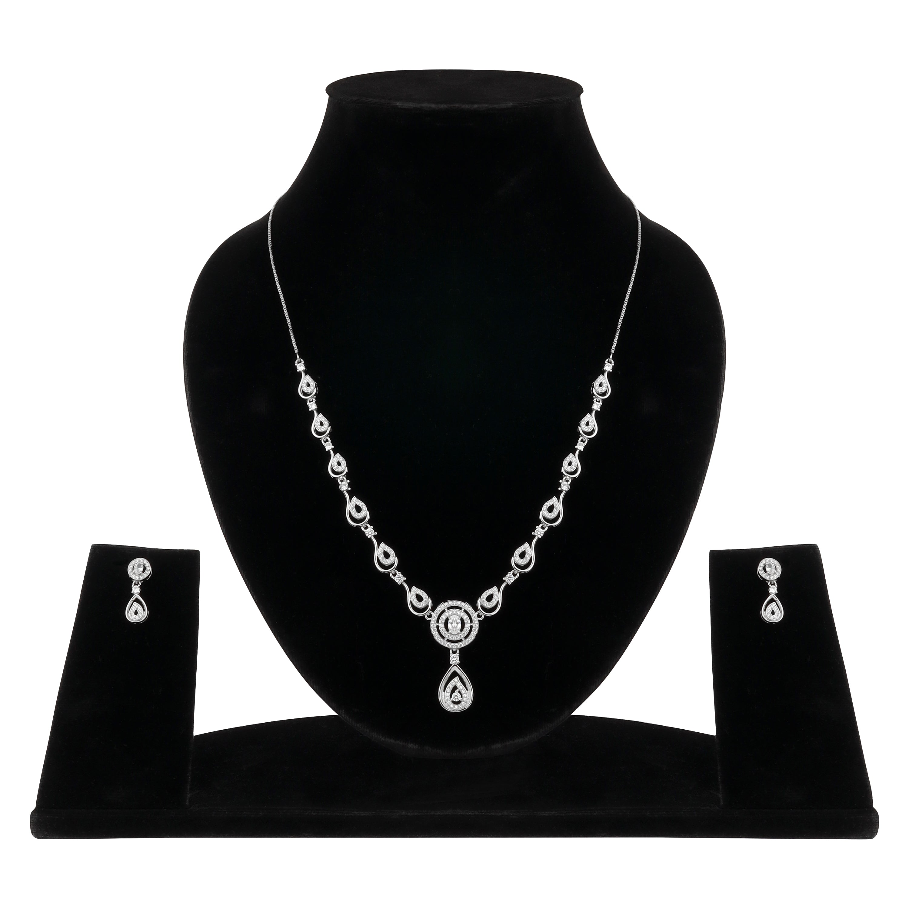 Stylish Silver Plated American Diamond Chain Pendent Necklace & Earrings Set for Women & Girls, Luxury AD Pendant Gift Set for Women, Girls