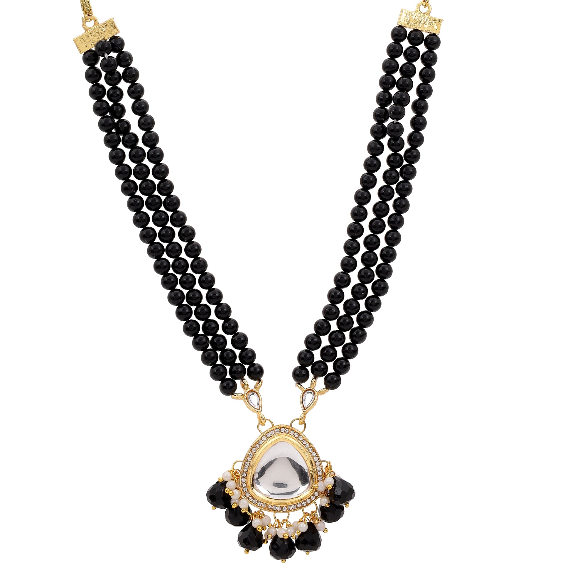 Nilu's Collection Elegant Triple-Layer Black Moti Necklace with Pearl Drop Earrings for womens and girls