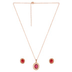 Rose Gold Plated Ruby Red Oval Pendant Necklace and Earring Set for Women and Girls