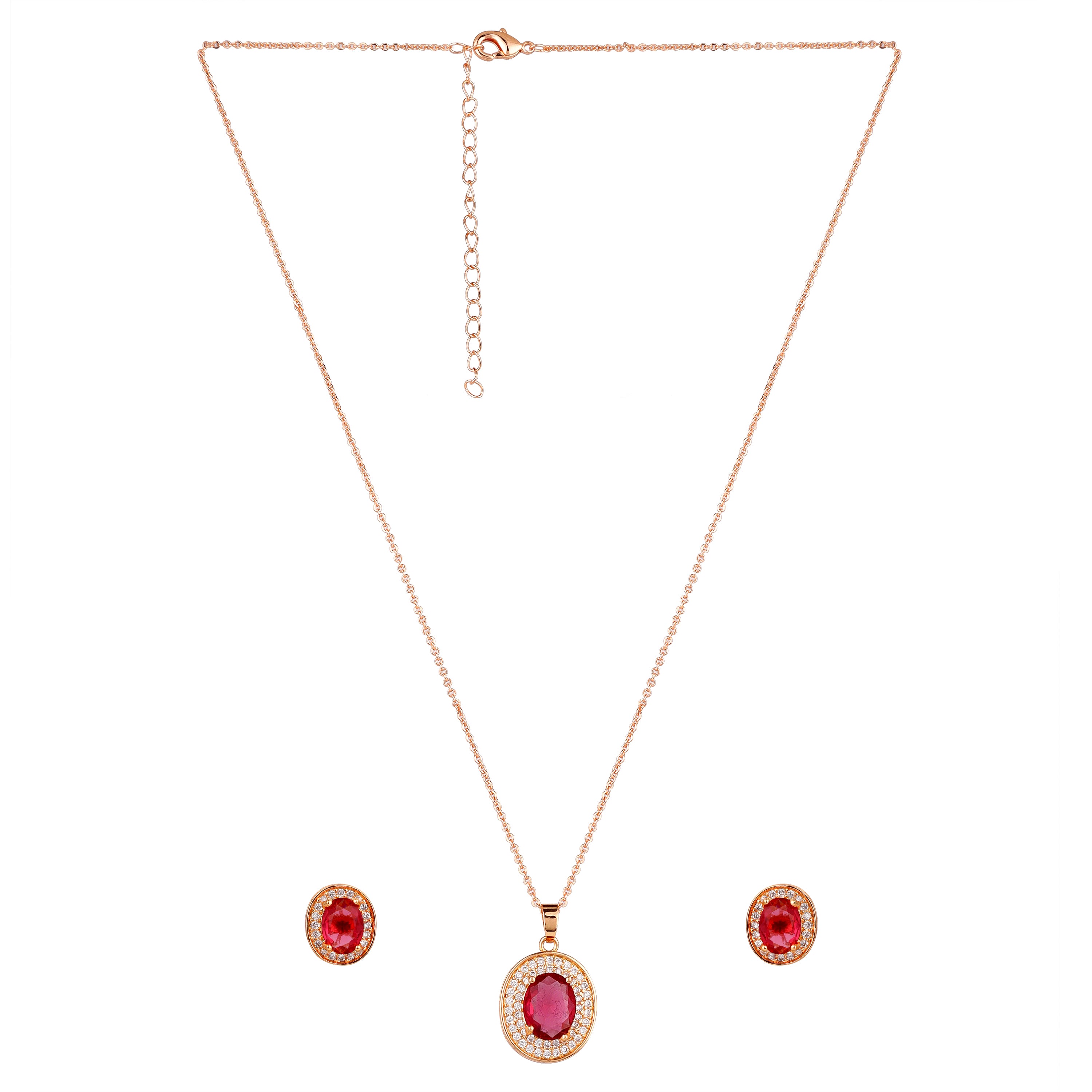 Rose Gold Plated Ruby Red Oval Pendant Necklace and Earring Set for Women and Girls