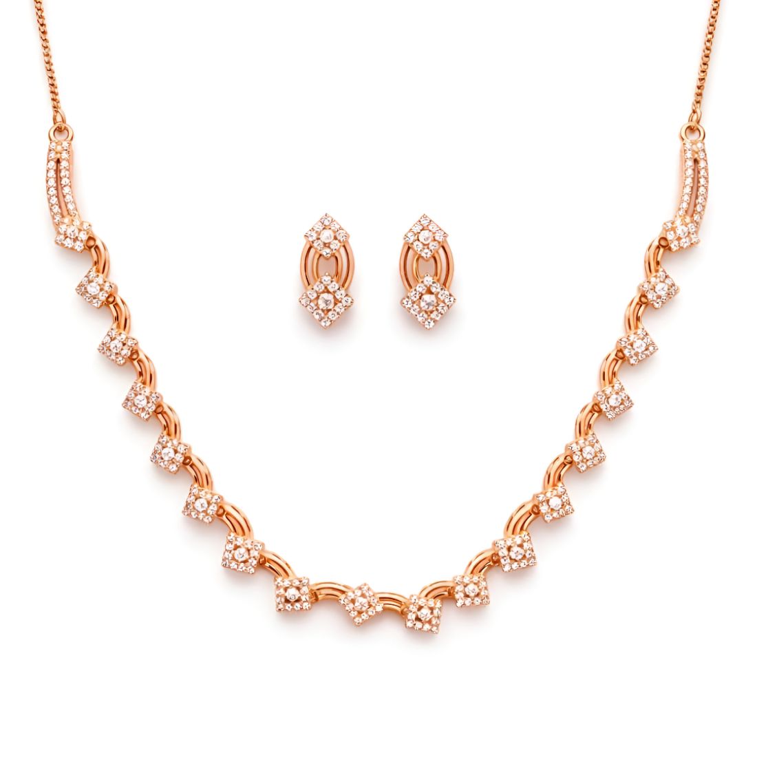 Nilu's Collection Rose Gold Plated American Diamond Square Floral Design Necklace Set with Matching Earrings For Women And Girls