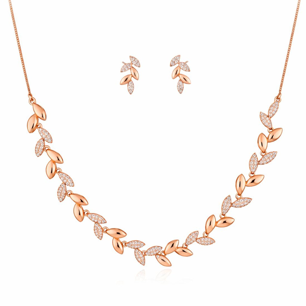 Nilu's Collection Rose Gold Plated American Diamond Leaf Design Necklace Set with Matching Earrings for Women And Girls