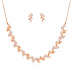 Nilu's Collection Rose Gold Plated American Diamond Leaf Design Necklace Set with Matching Earrings for Women And Girls