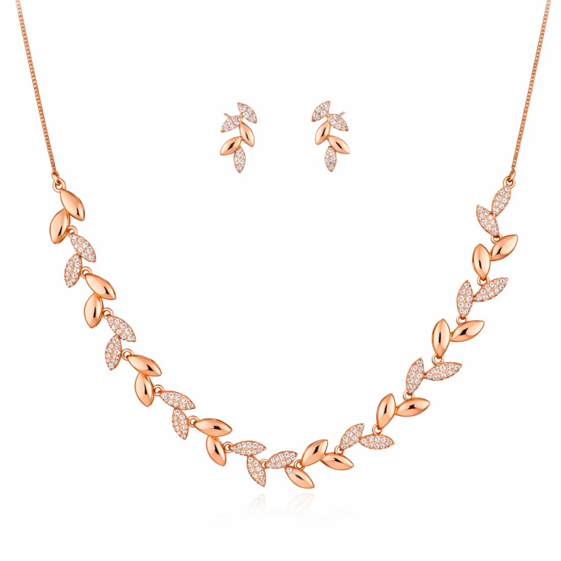 Nilu's Collection Rose Gold Plated American Diamond Leaf Design Necklace Set with Matching Earrings for Women And Girls