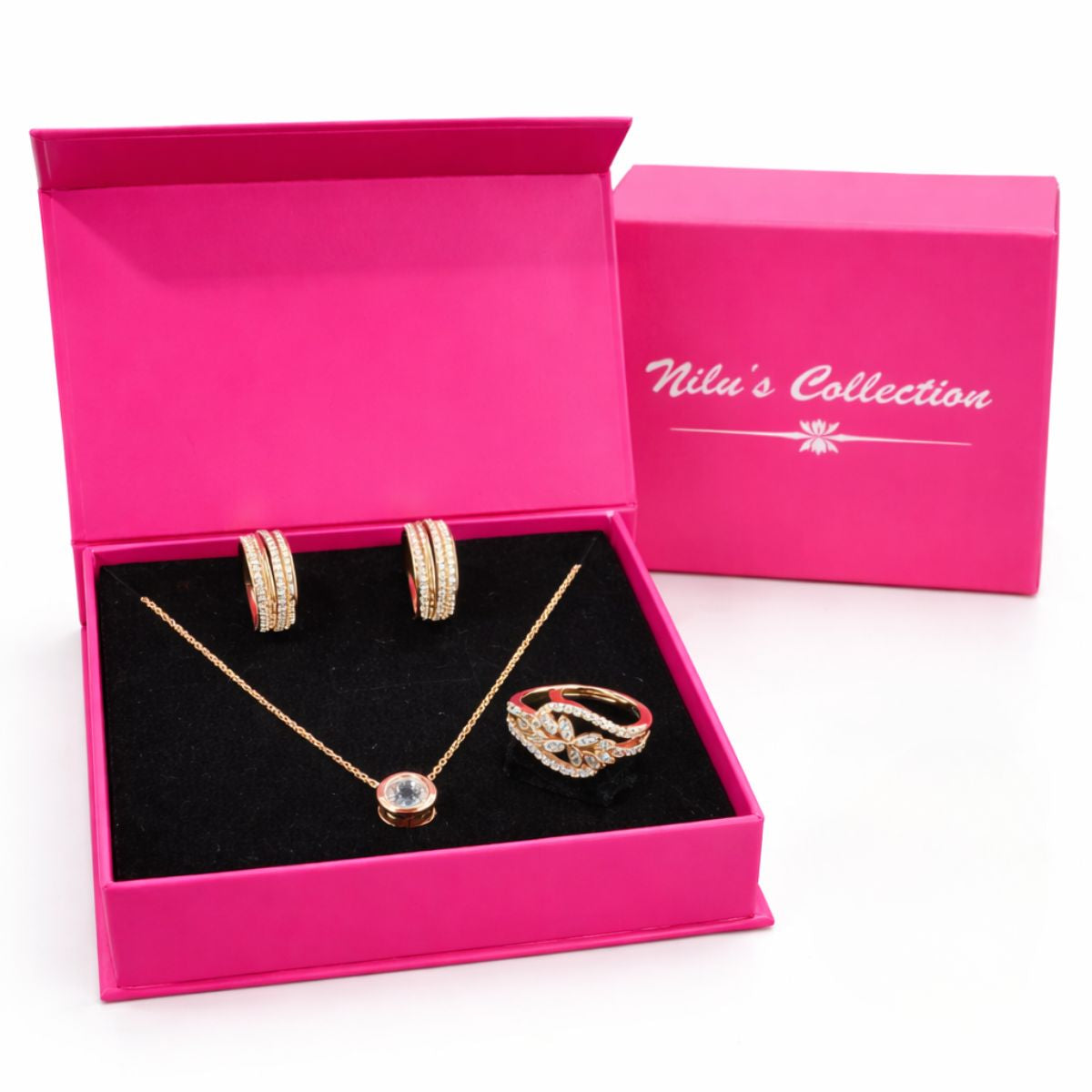 Gift Rose Gold Plated Pendant With Earrings And Finger Ring For Women And Girls