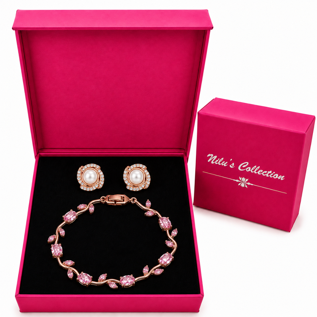 Rose Gold Tulip Bracelet & Pearl Stud Earrings Gift Set For Women
