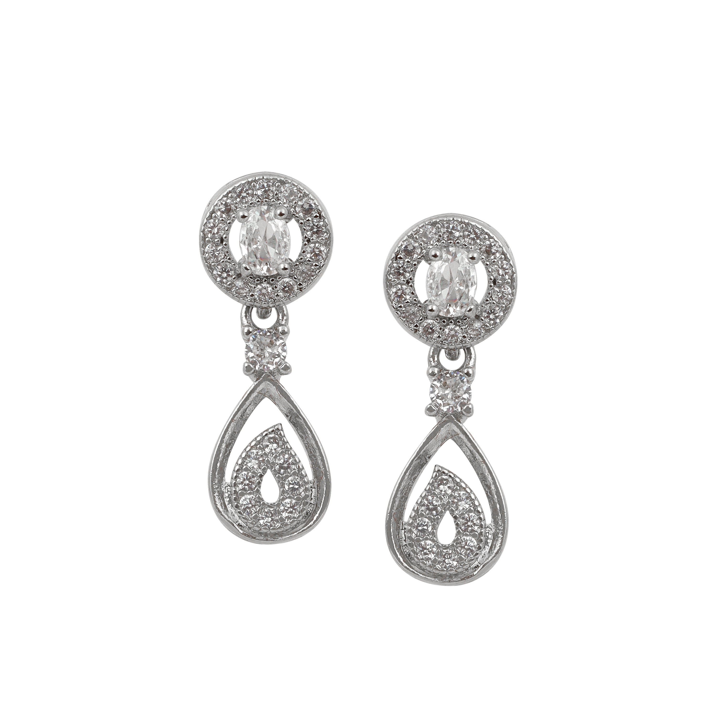 Stylish Silver Plated American Diamond Chain Pendent Necklace & Earrings Set for Women & Girls, Luxury AD Pendant Gift Set for Women, Girls