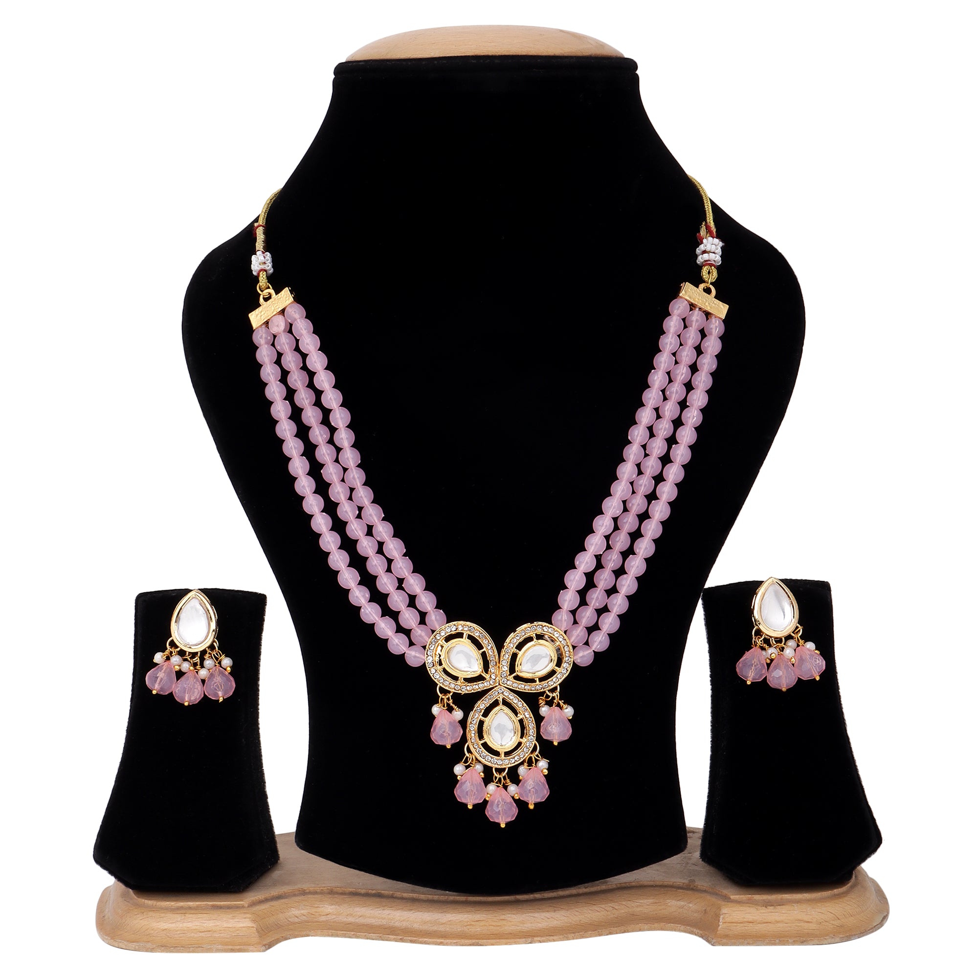 Traditional Necklace with Elegant Triple-Layer Pink Moti Pearl Beads and Decorative Pendant And Pair Of Earrings For Girls And Womens