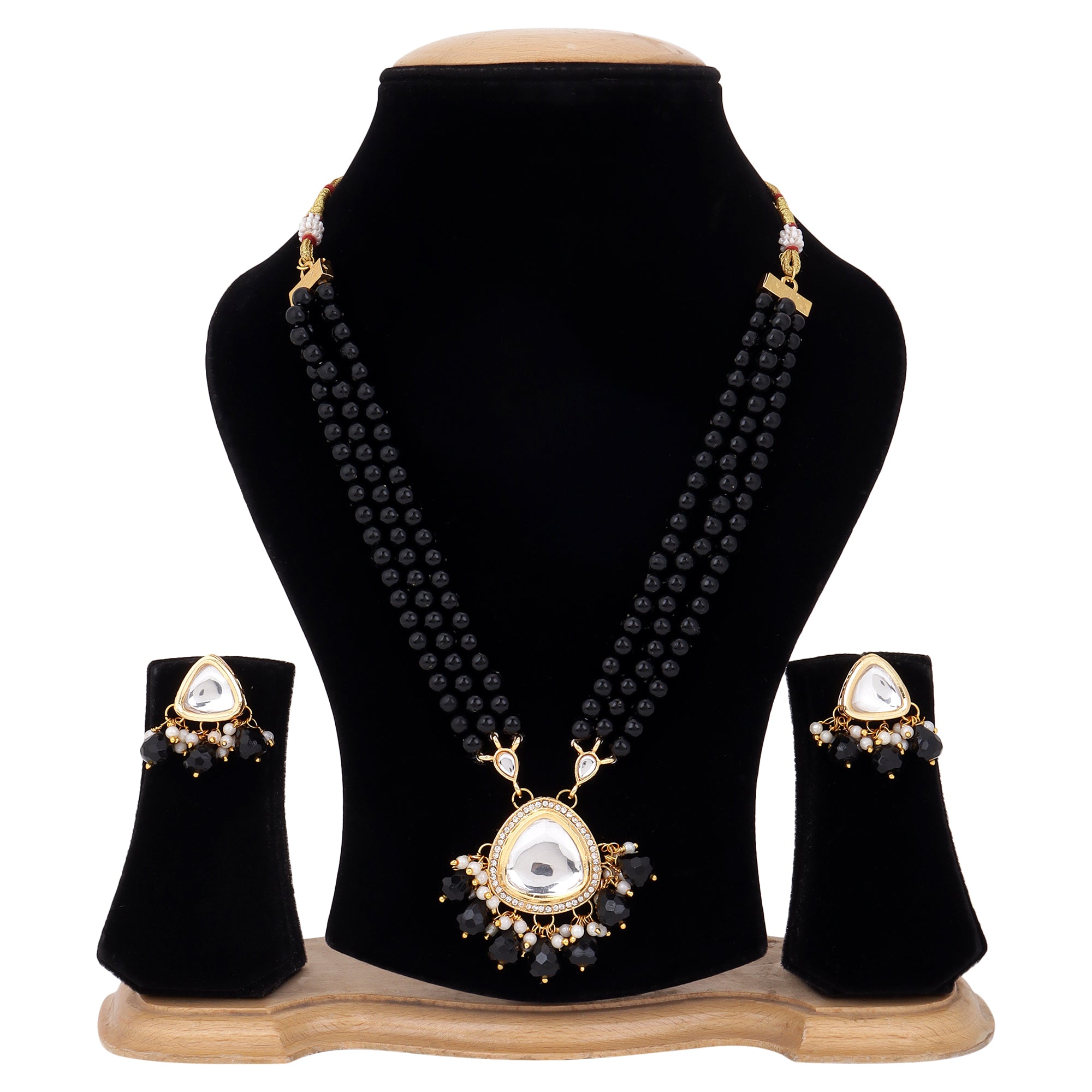 Nilu's Collection Elegant Triple-Layer Black Moti Necklace with Pearl Drop Earrings for womens and girls