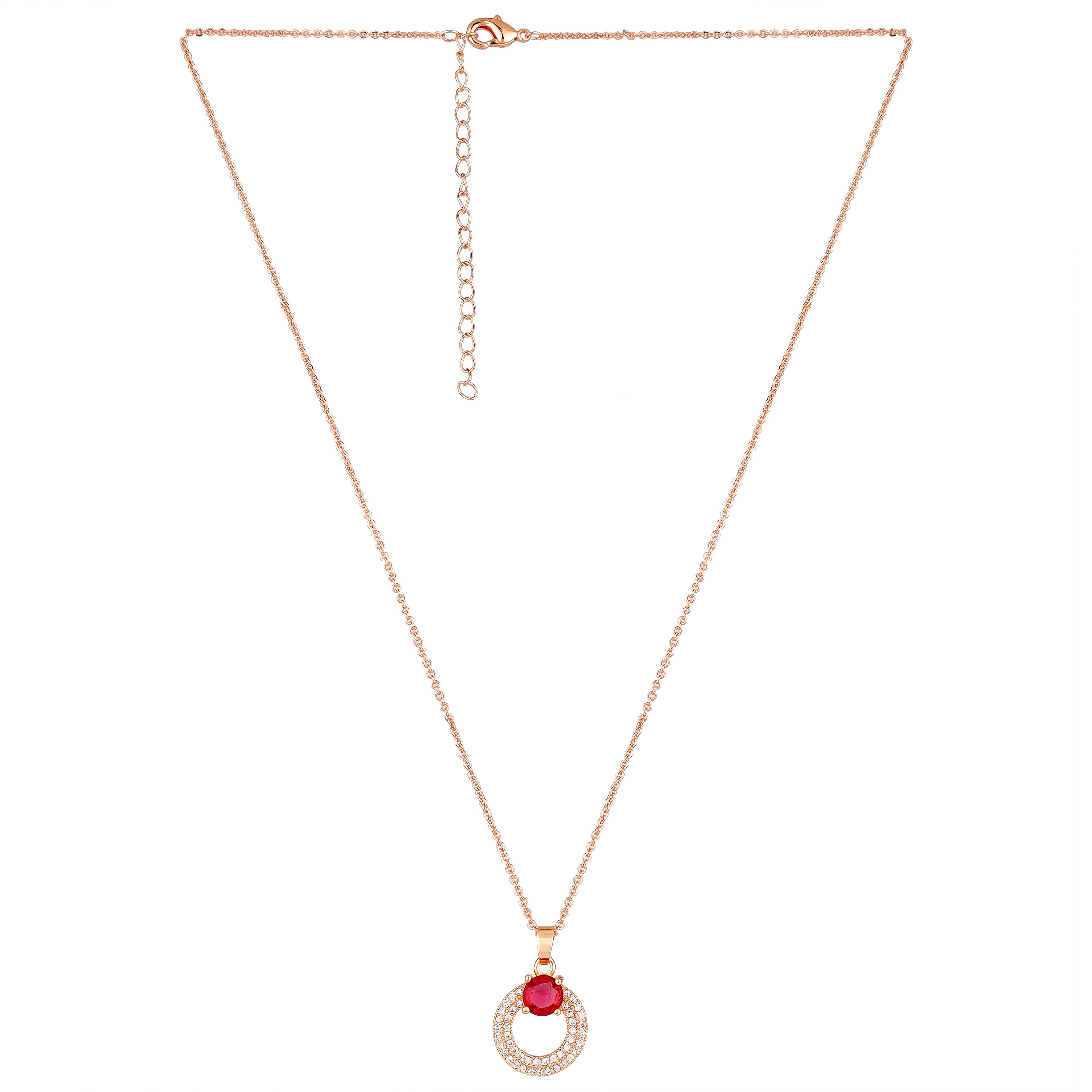 Rose Gold Plated Red Ruby Stone Pendant Necklace and Earring Set for Women and Girls