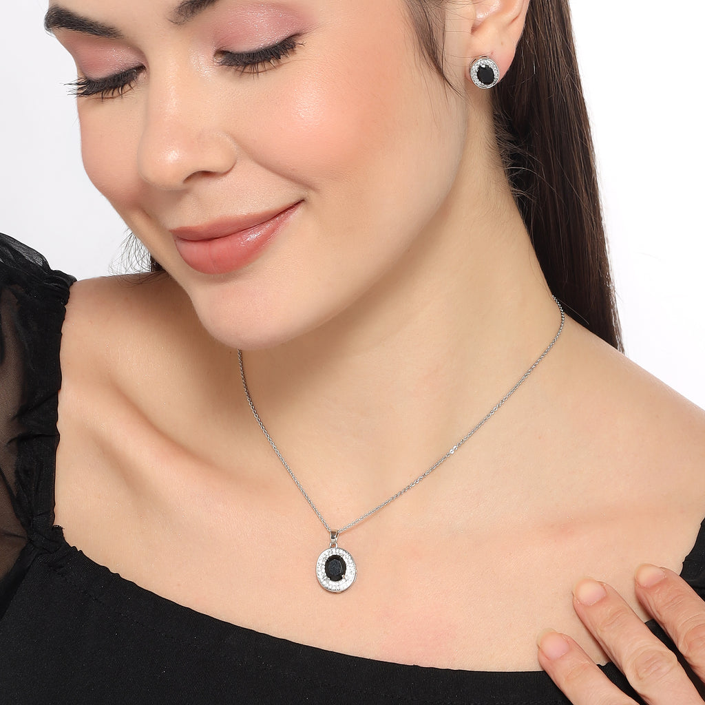 Silver Plated Black Stone Necklace Set