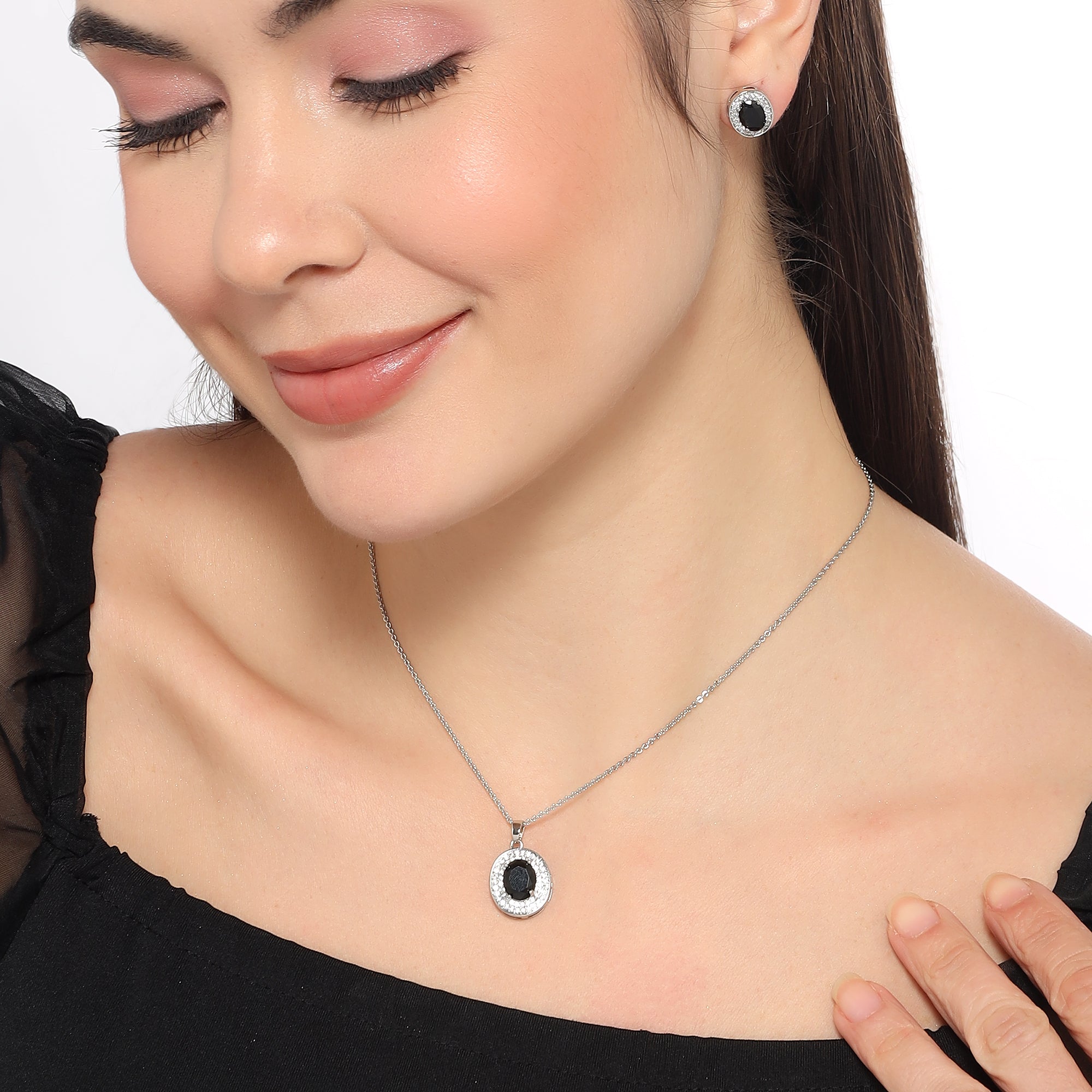 Silver Plated Black Stone Necklace Set