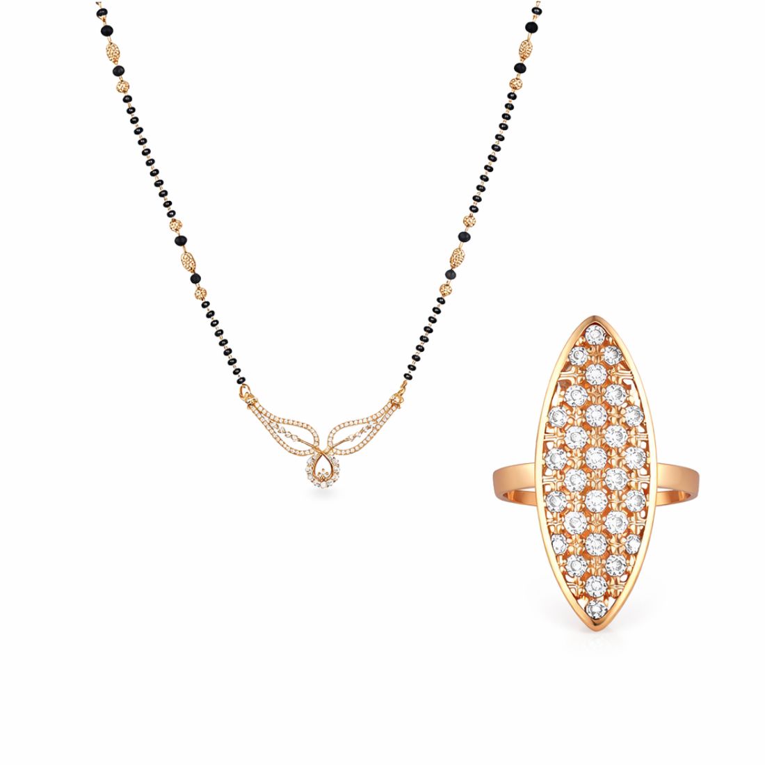 Nilu's Collection Rose Gold Plated American Diamond Mangalsutra with Finger Ring for Women