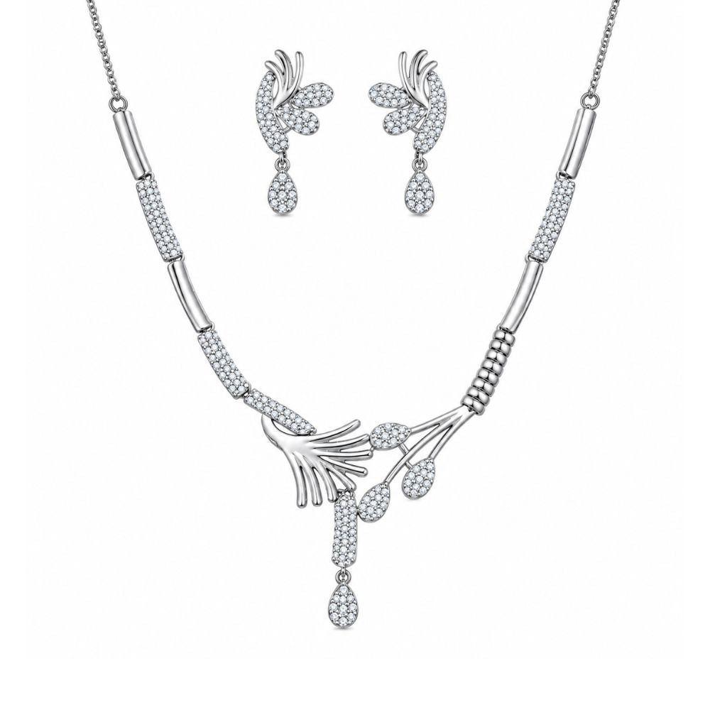 Silver Plated Floral Necklace With Earrings For Women