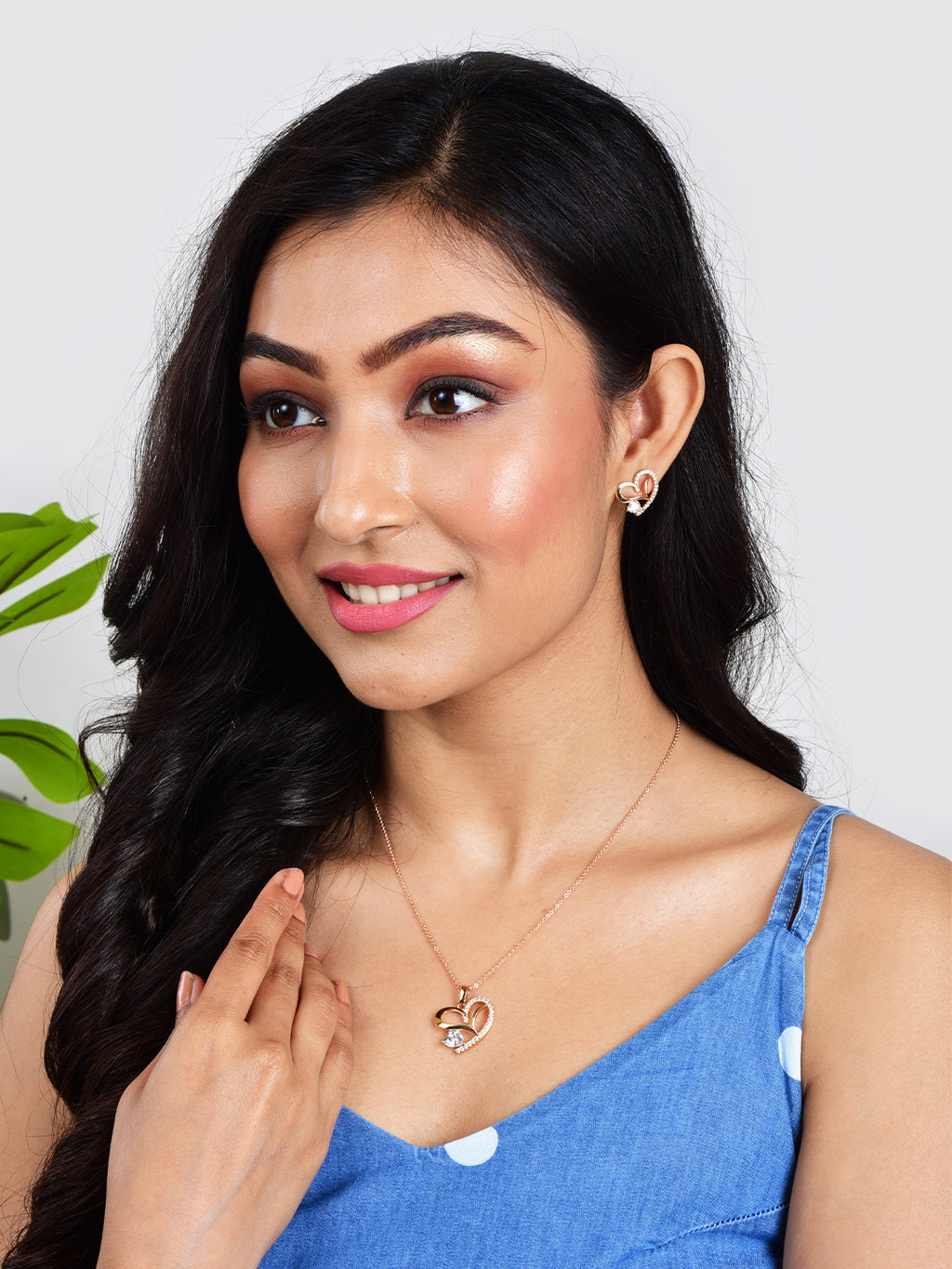 American Diamond Rose Gold Plated Love Shaped Pendant Necklace Set with Chain & Stud Earring for Girls and Women