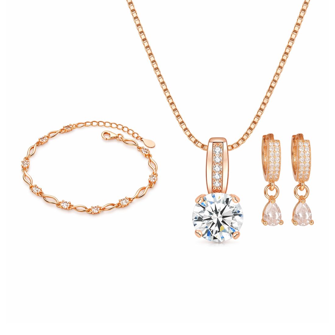 Rose Gold Plated Pendant With Earrings And Adjustable Bracelet For Women & Girls