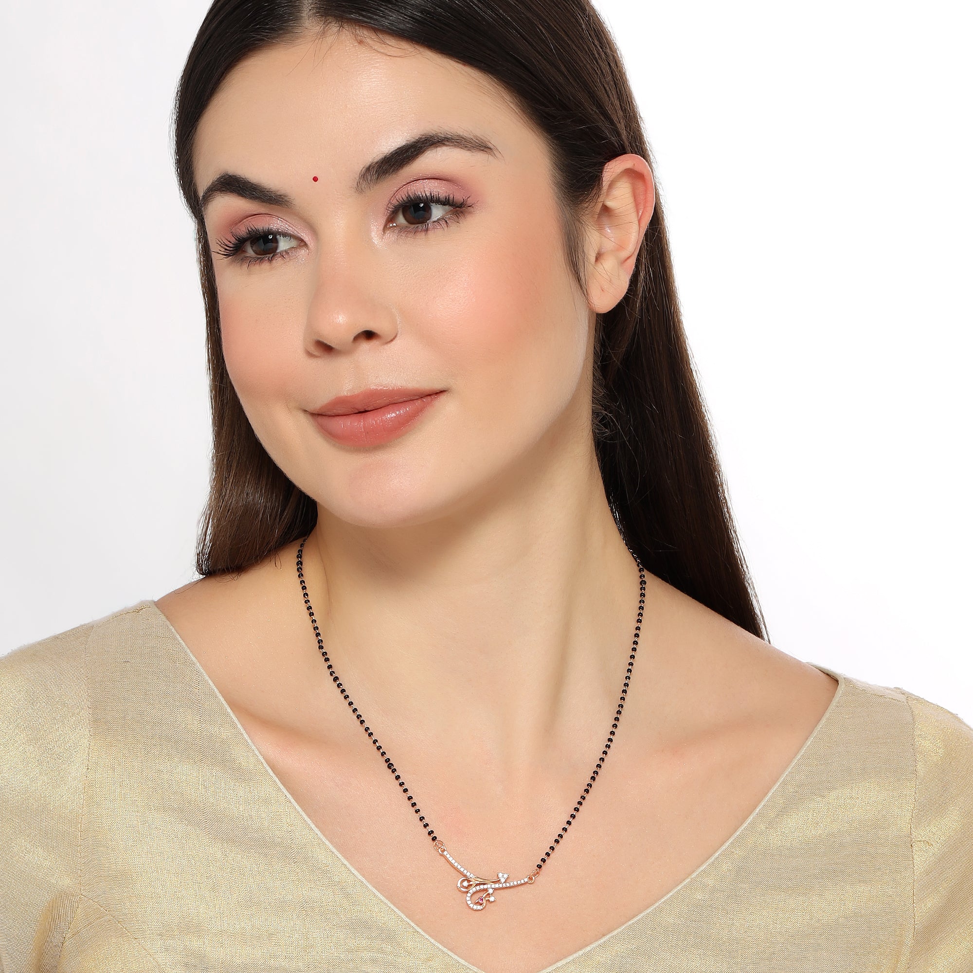 Rose Gold Peacock Mangalsutra With Black Bead Chain