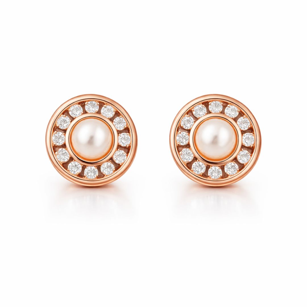 Rose Gold Pearl Round Stud Earrings