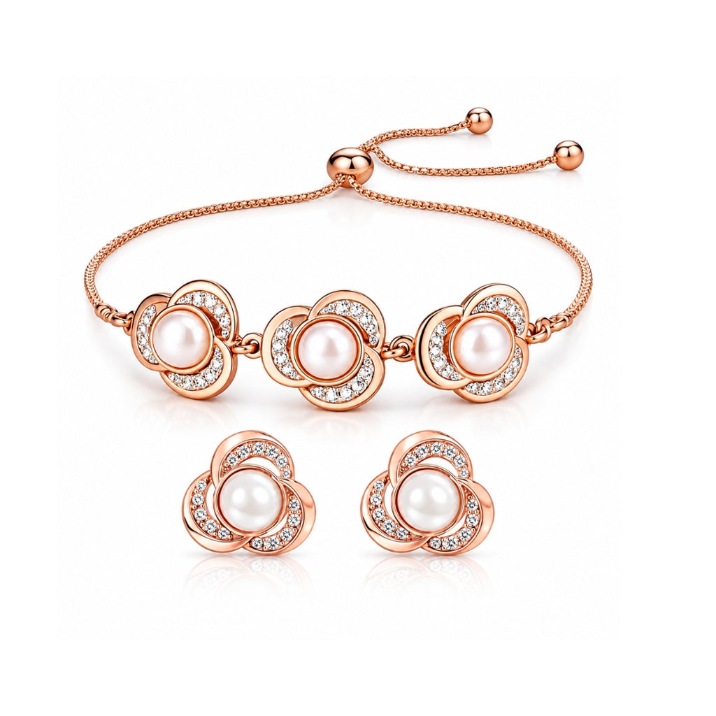 Rose Gold Pearl Floral Bracelet & Earrings For Women