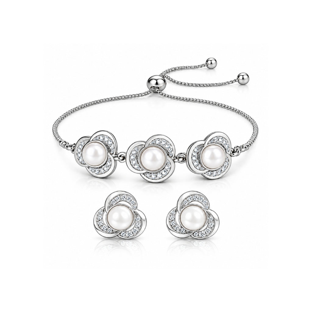 Silver Finish Pearl Floral Bracelet & Earrings for Women