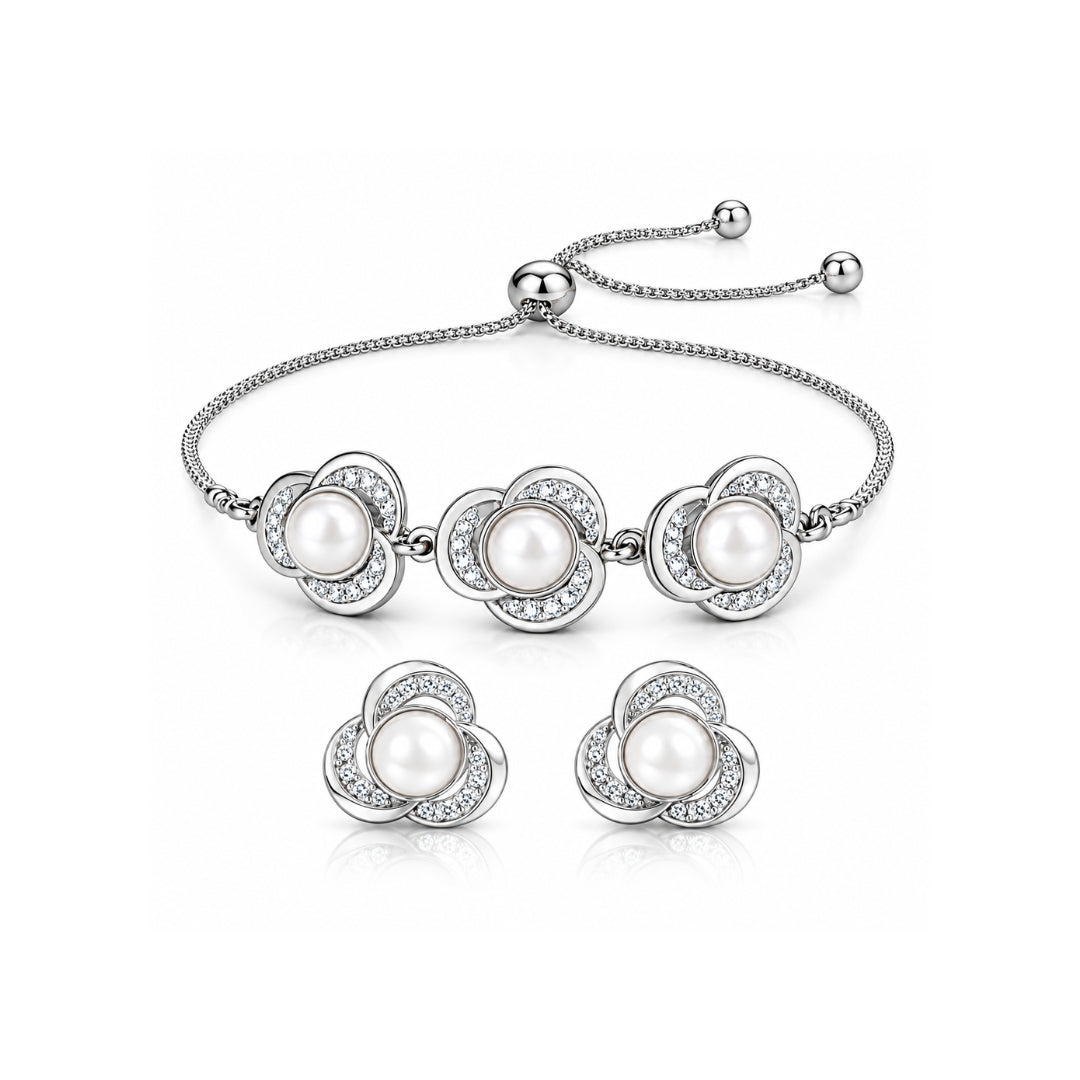 Silver Finish Pearl Floral Bracelet & Earrings for Women