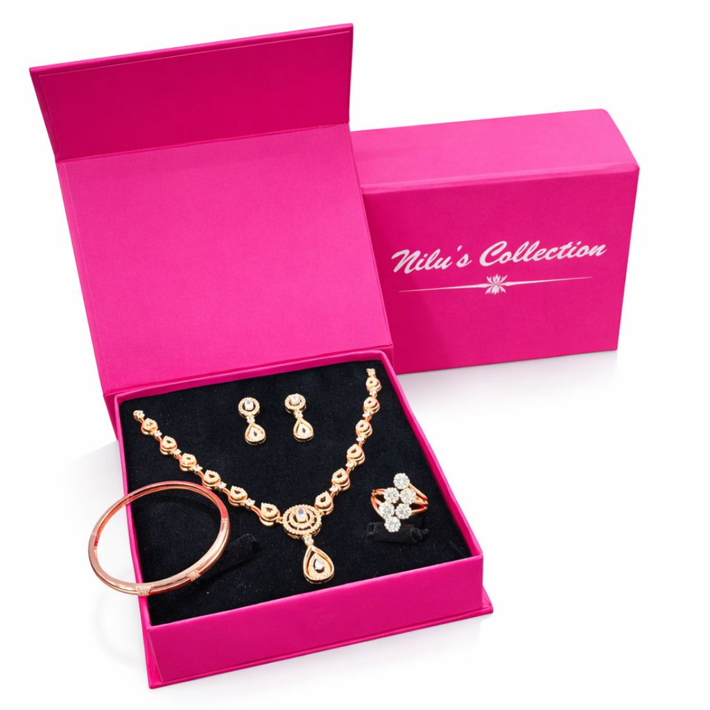 Gift Rose Gold Plated Complete Jewelry Set Necklace, Earrings, Ring & Kada For Women And Girls