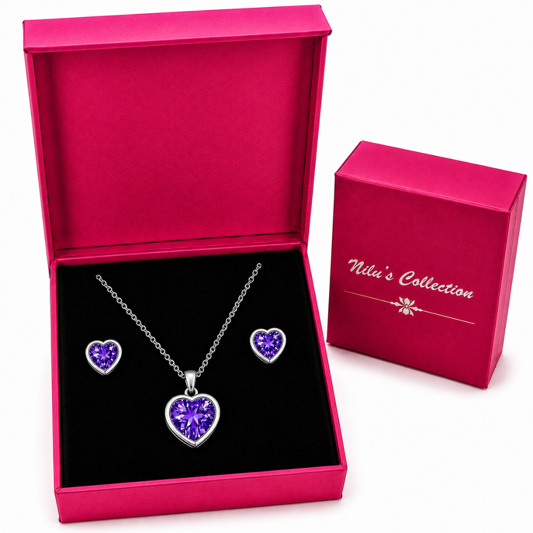 Silver Purple Heart Pendant With Earrings for Women