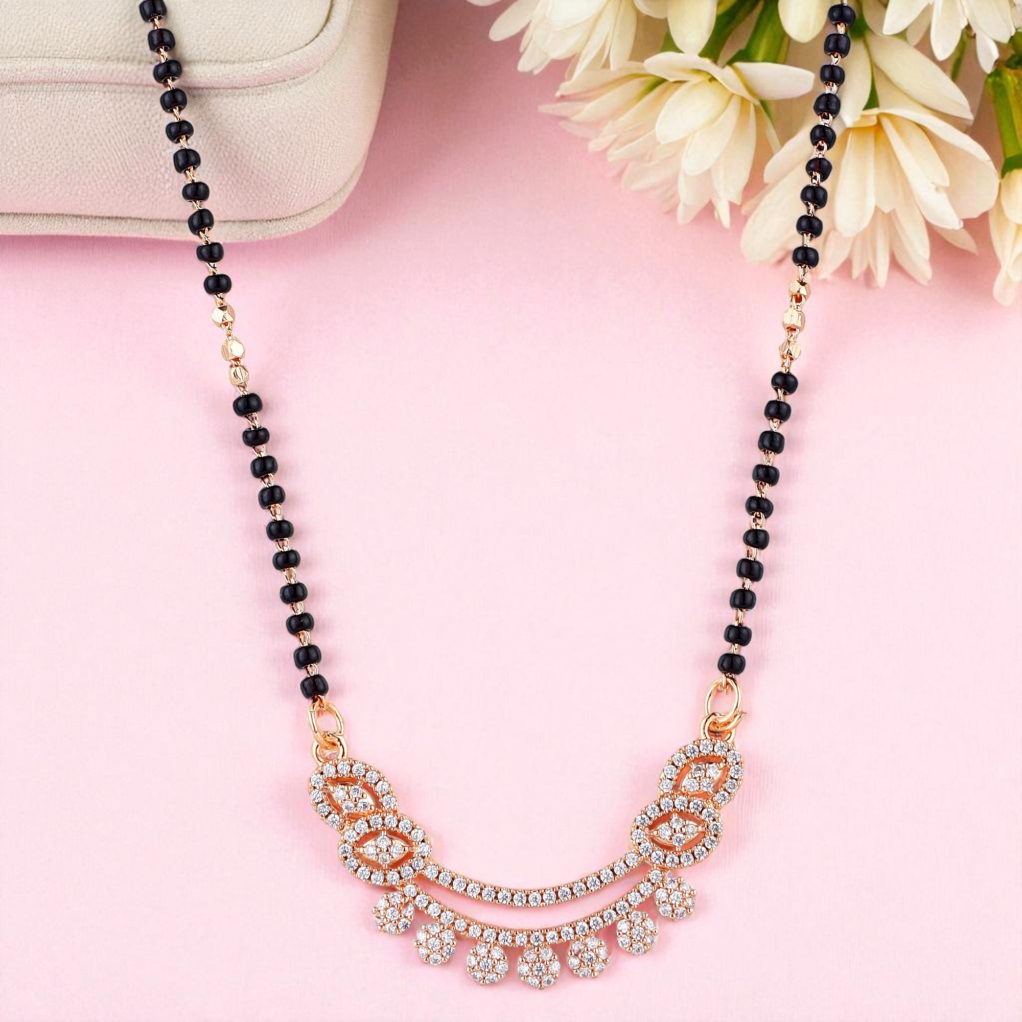 Nilu's Collection Rose Gold Plated CZ Stones Mangalsutra with Black Beads for Women