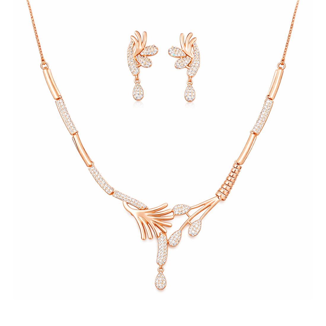 Nilu's Collection Rose Gold Plated American Diamond Floral Leaf Necklace Set with Matching Drop Earrings For Women And Girls