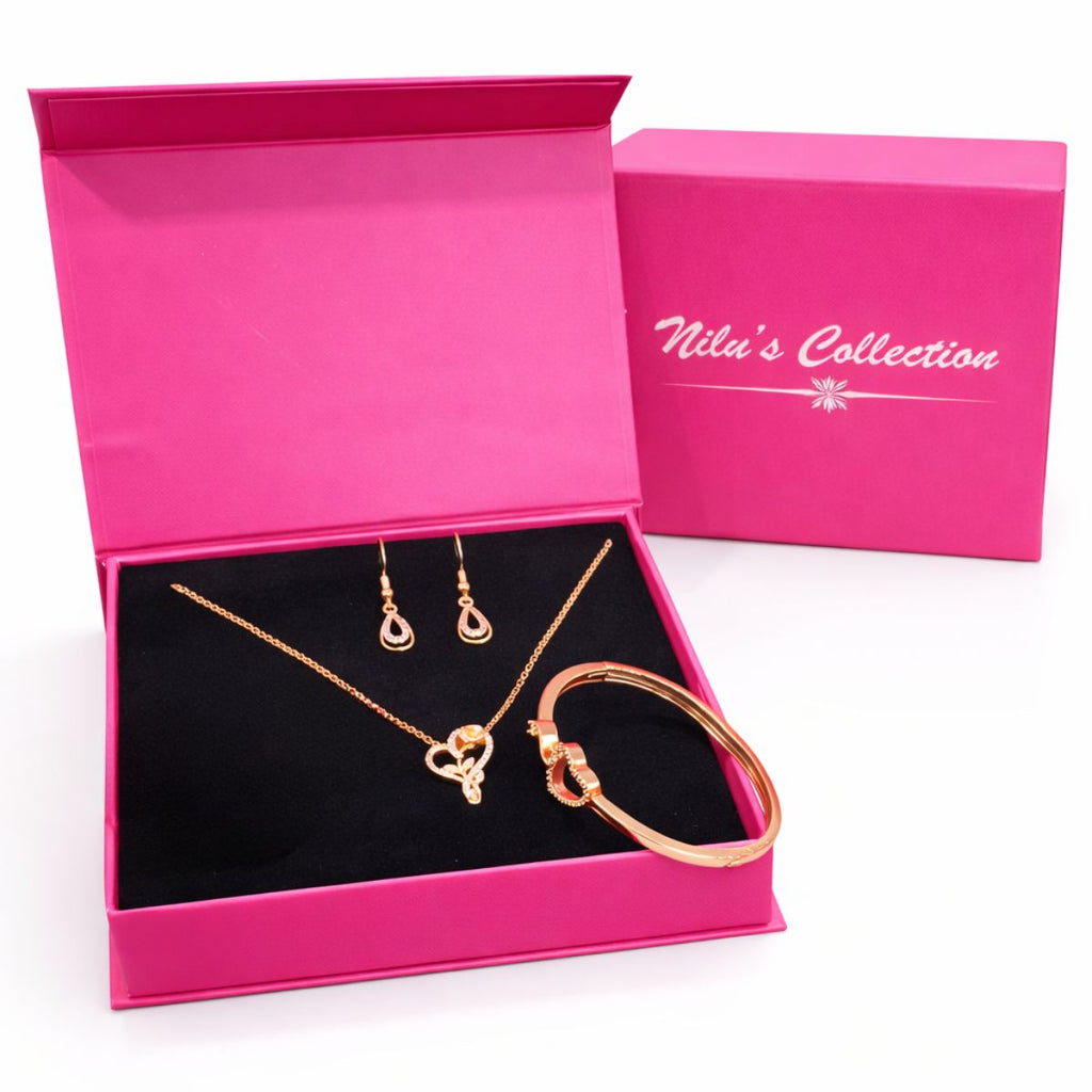 Gift Rose Gold Plated Heart With Rose Pendant with earrings and heart shape kada Bracelet