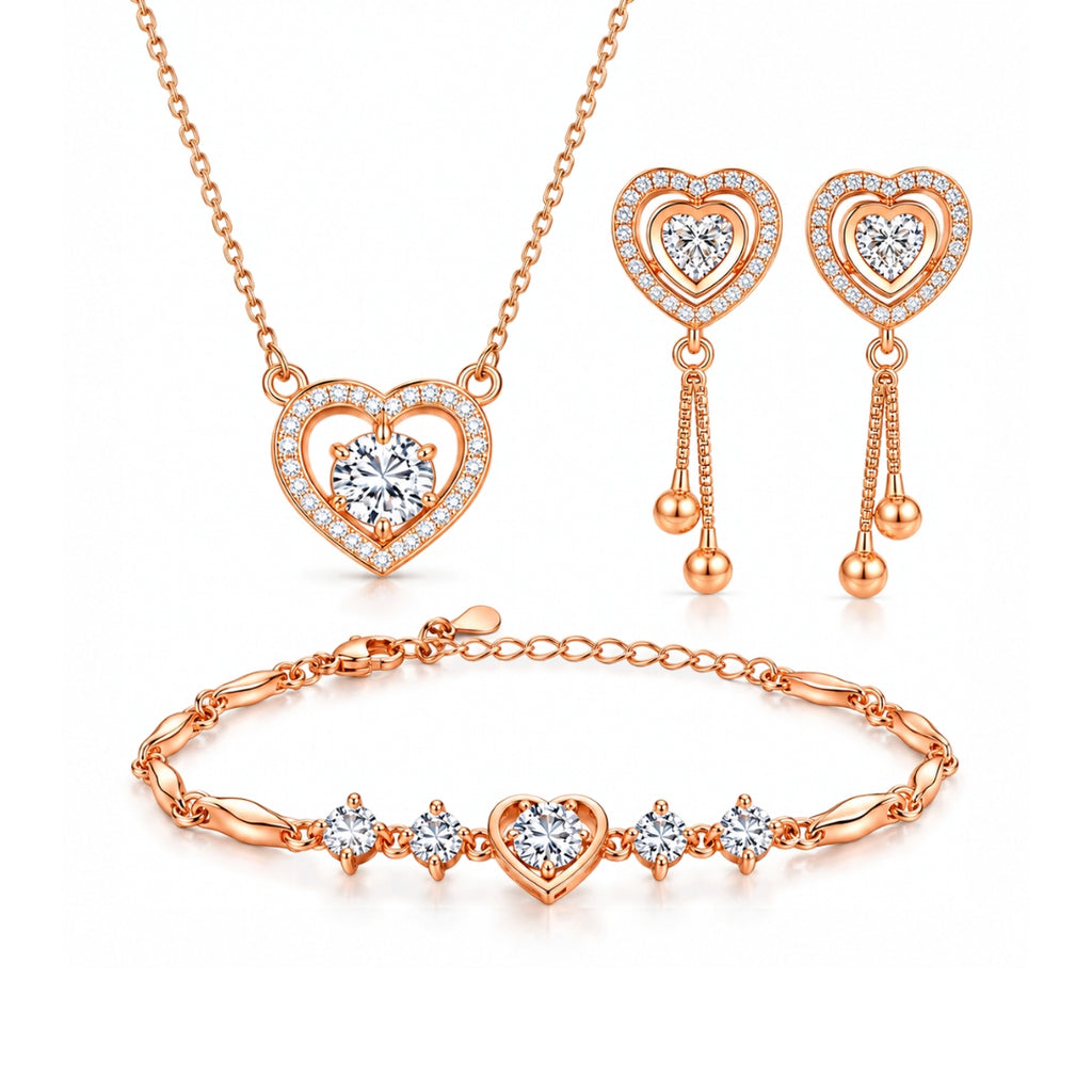 Heart Shaped Necklace, Earrings and Bracelet Jewellery Set for Women
