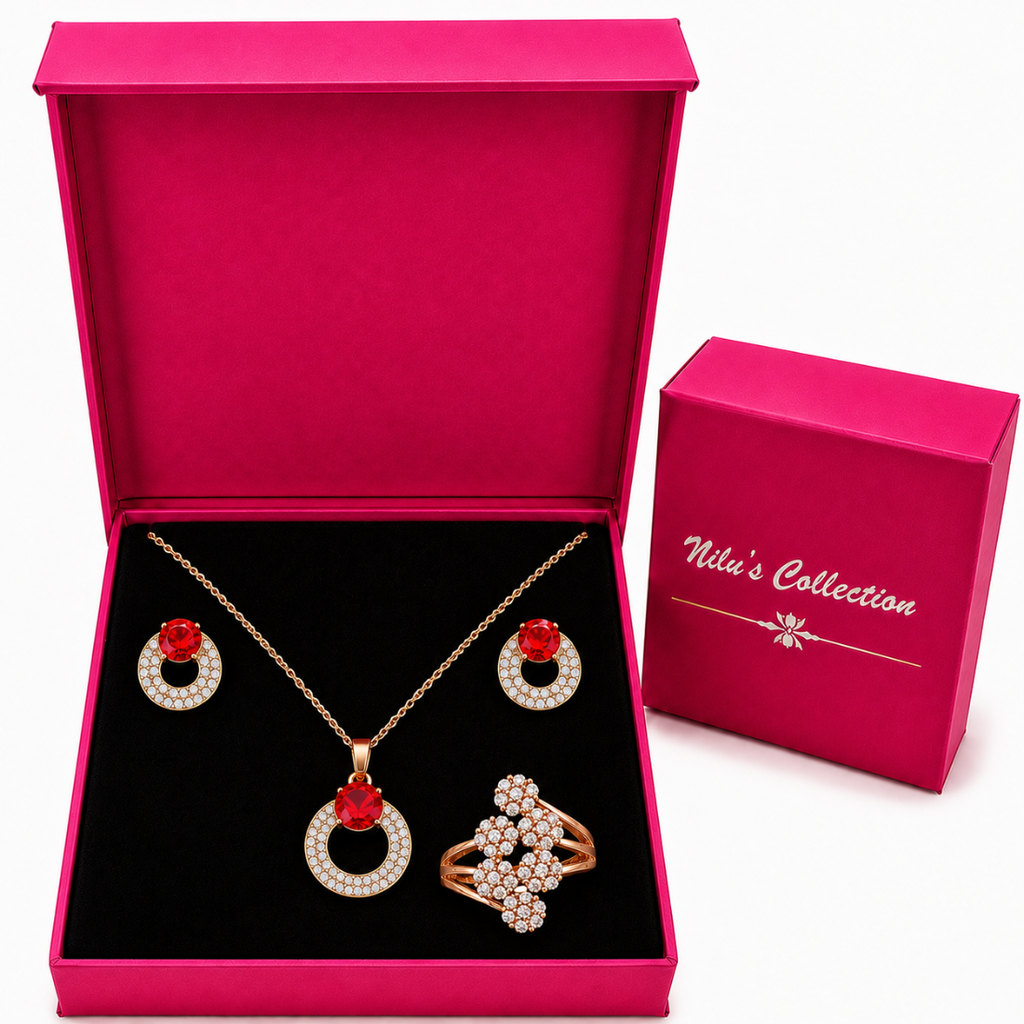 Rose Gold Red Stone Jewellery Gift Set for Women