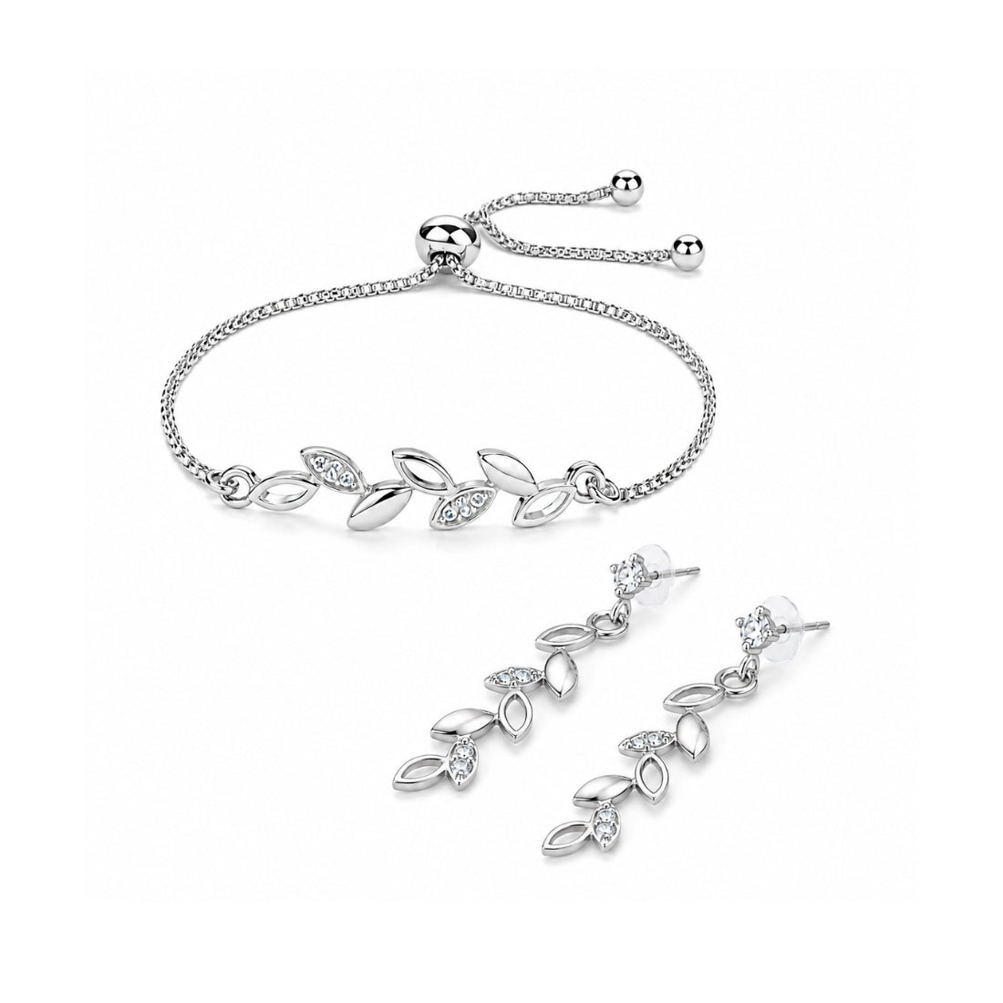 Silver Leaf Bracelet With Drop Earrings for Women