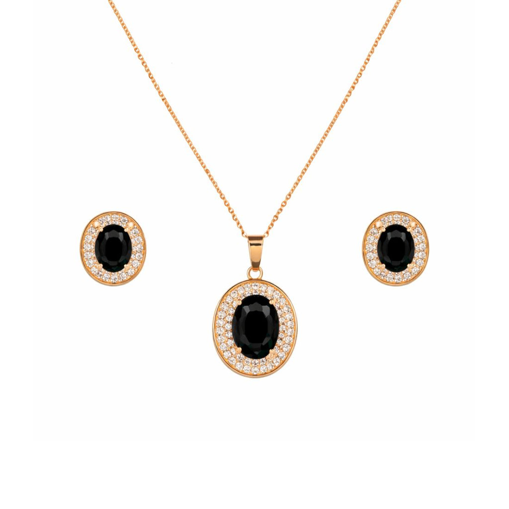 Nilu's Collection Rose Gold Plated Black Oval Stone Necklace With Stud Earrings for Women And Girls | Anti-Tarnish | Anti Allergy | Office Wear