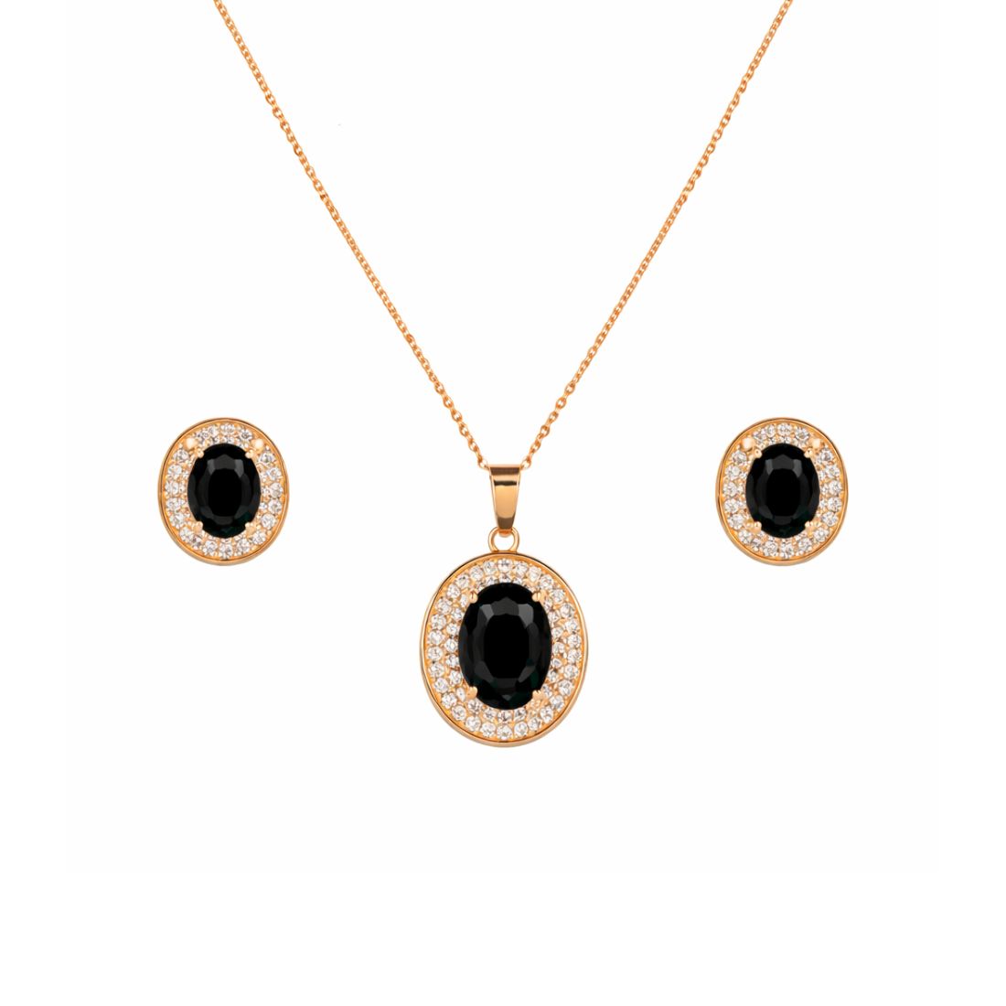 Nilu's Collection Rose Gold Plated Black Oval Stone Necklace With Stud Earrings for Women And Girls | Anti-Tarnish | Anti Allergy | Office Wear