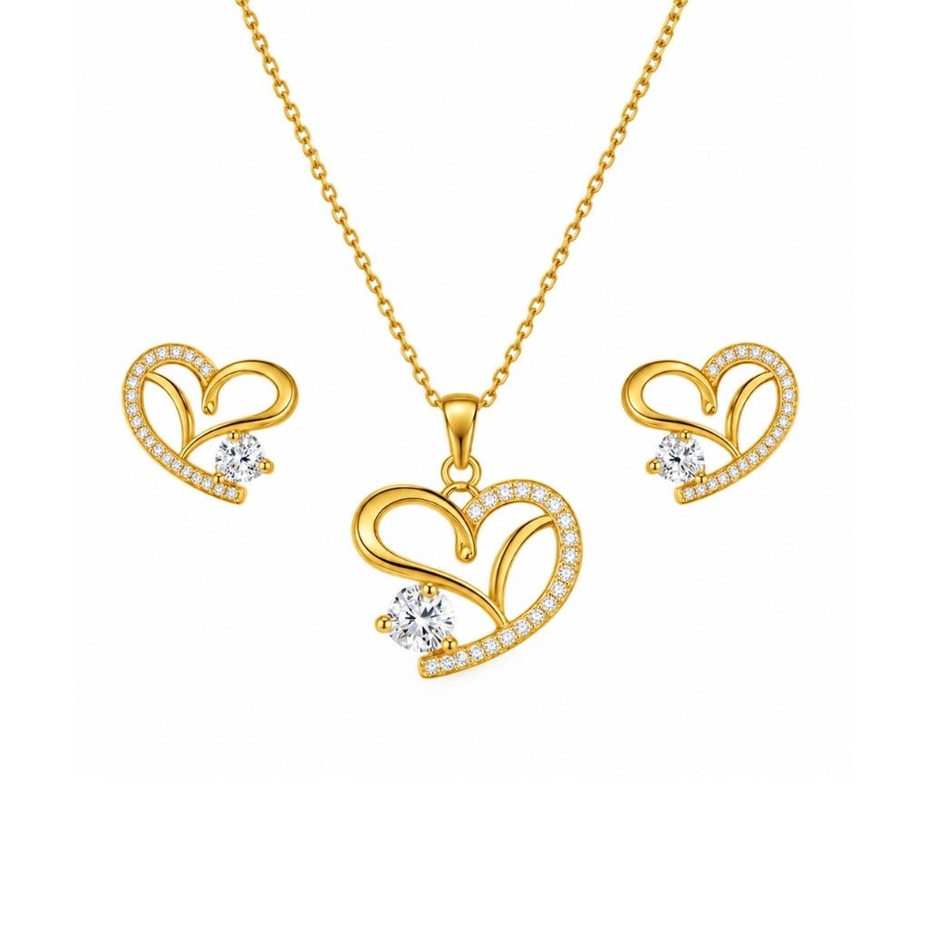 Gold Plated Heart Necklace With Earrings for Women