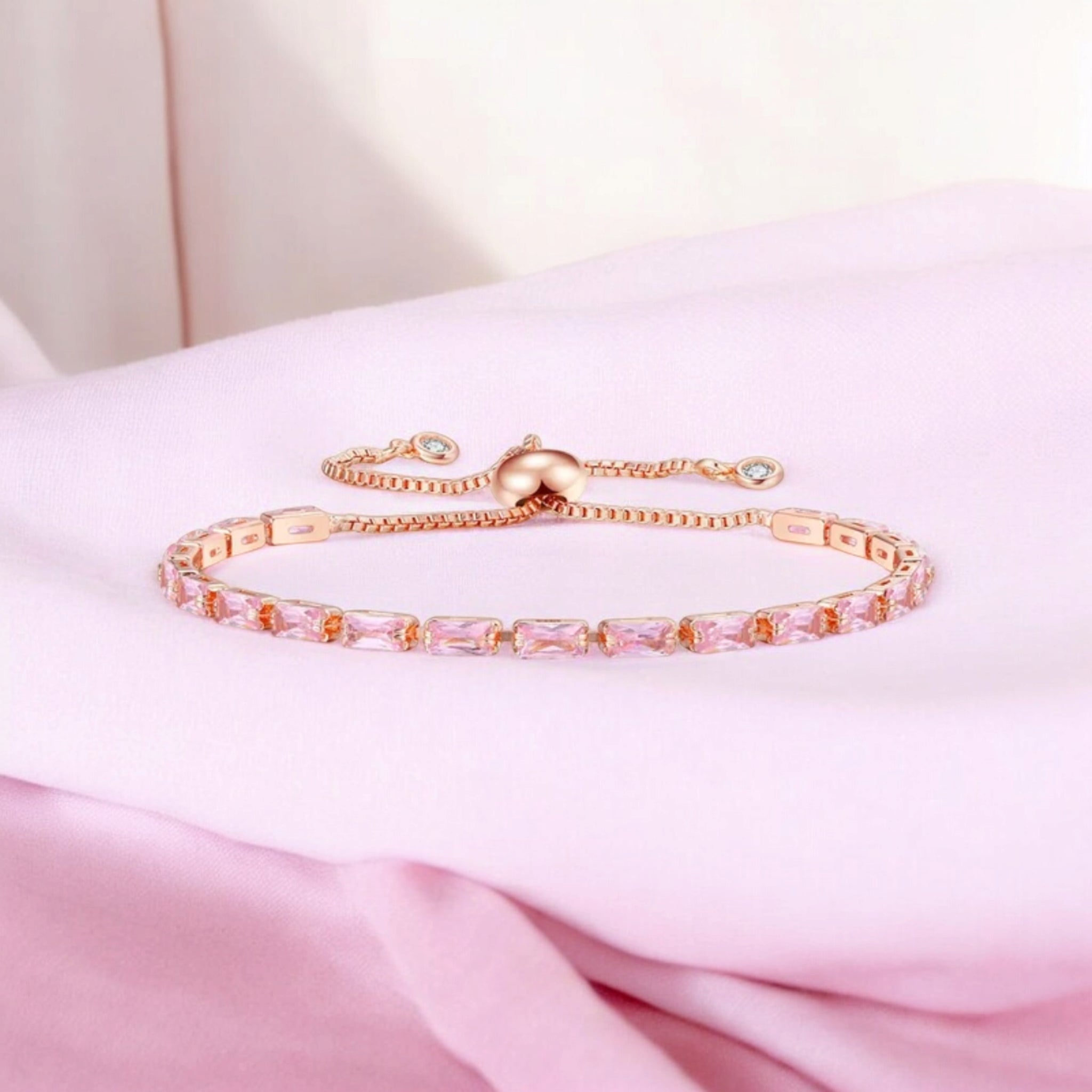 Rose Gold Plated Cubic Zirconia Adjustable Bracelet, Stylish Fashion Jewellery Gift for Girls & Women (Pink)