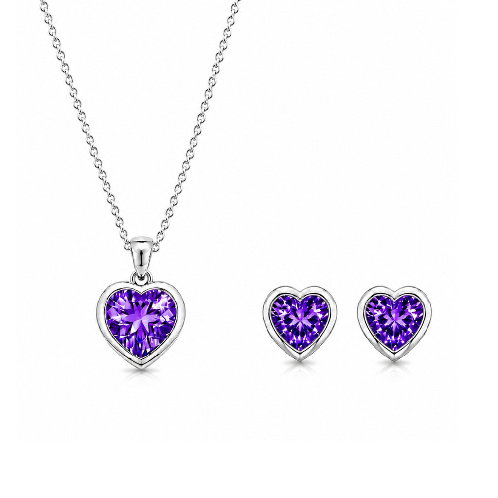 Silver Purple Heart Pendant With Earrings for Women