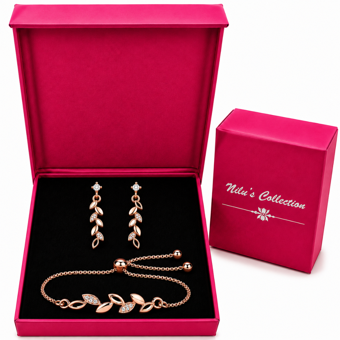 Rose Gold Leaf Bracelet With Drop Earrings For Women