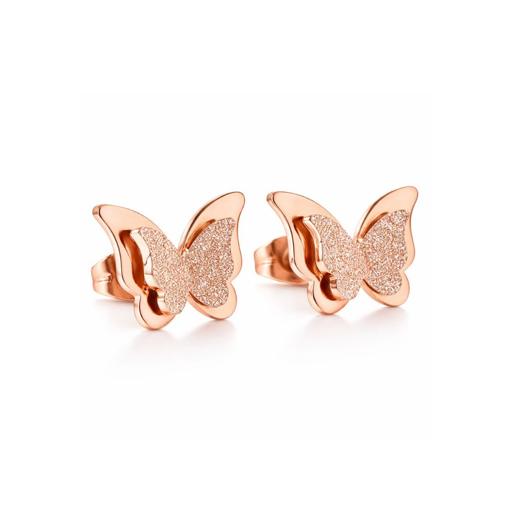 Premium Quality Dual Butterfly Rose Gold Plated Stud Earrings for Girls, Women and Kids